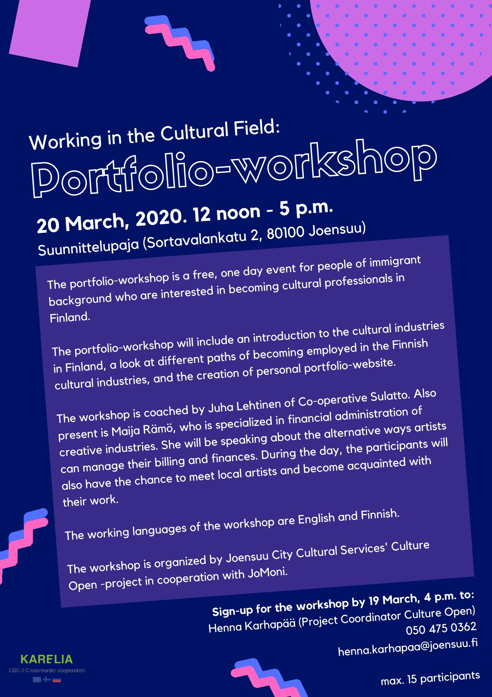 Blue and purple text poster with workshop information