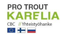 "projektin logo, teksti pro trout karelia cbc yhteistyöhanke, alla EU:n, Suomen ja Venäjän liput"